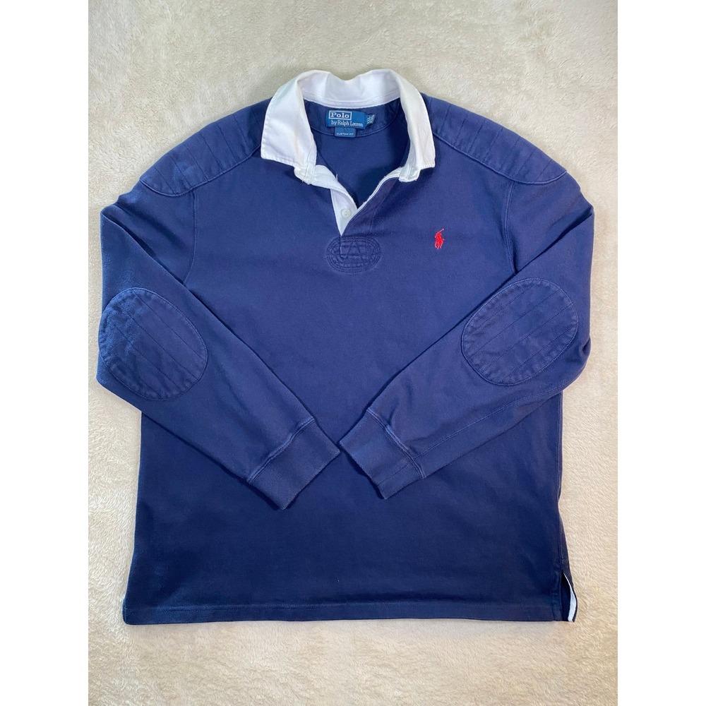 Polo Ralph Lauren Mens XXL Navy Blue Long Sleeve Rugby Shirt Quilted Elbow Patch